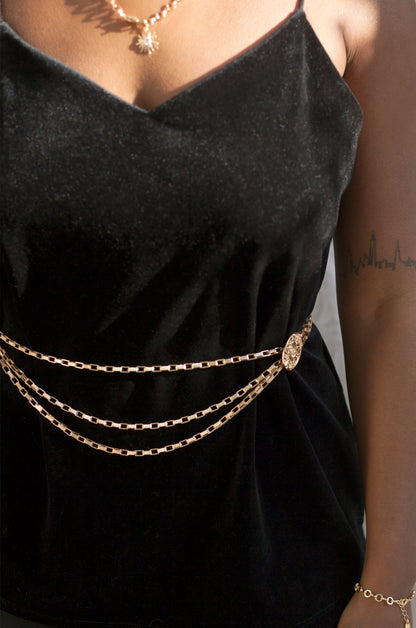 Multi-Chain Coin Dangle Belt in Gold shown on a model  