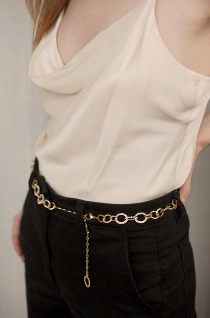 Crystal Link Belt in Clear & Gold shown on a model  