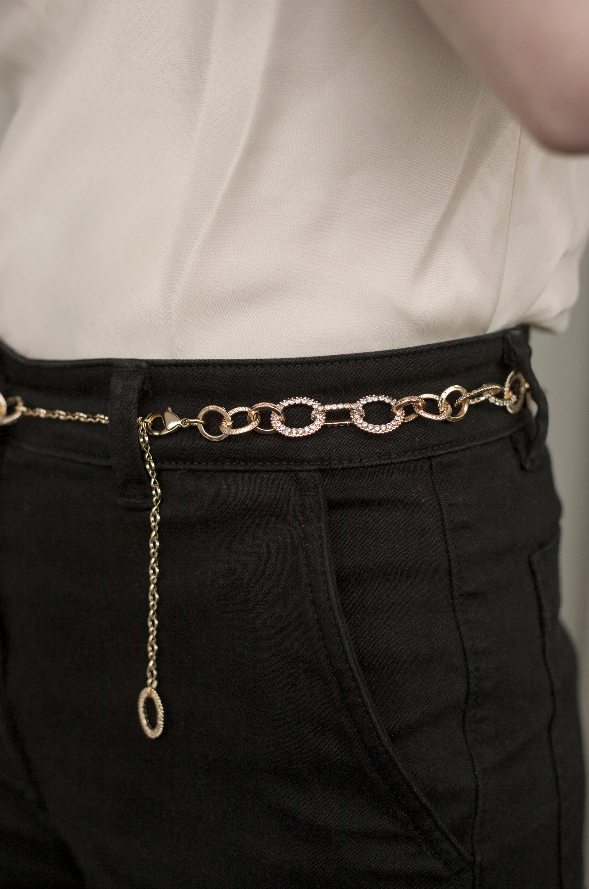 Crystal Link Belt in Clear & Gold shown on a model  2