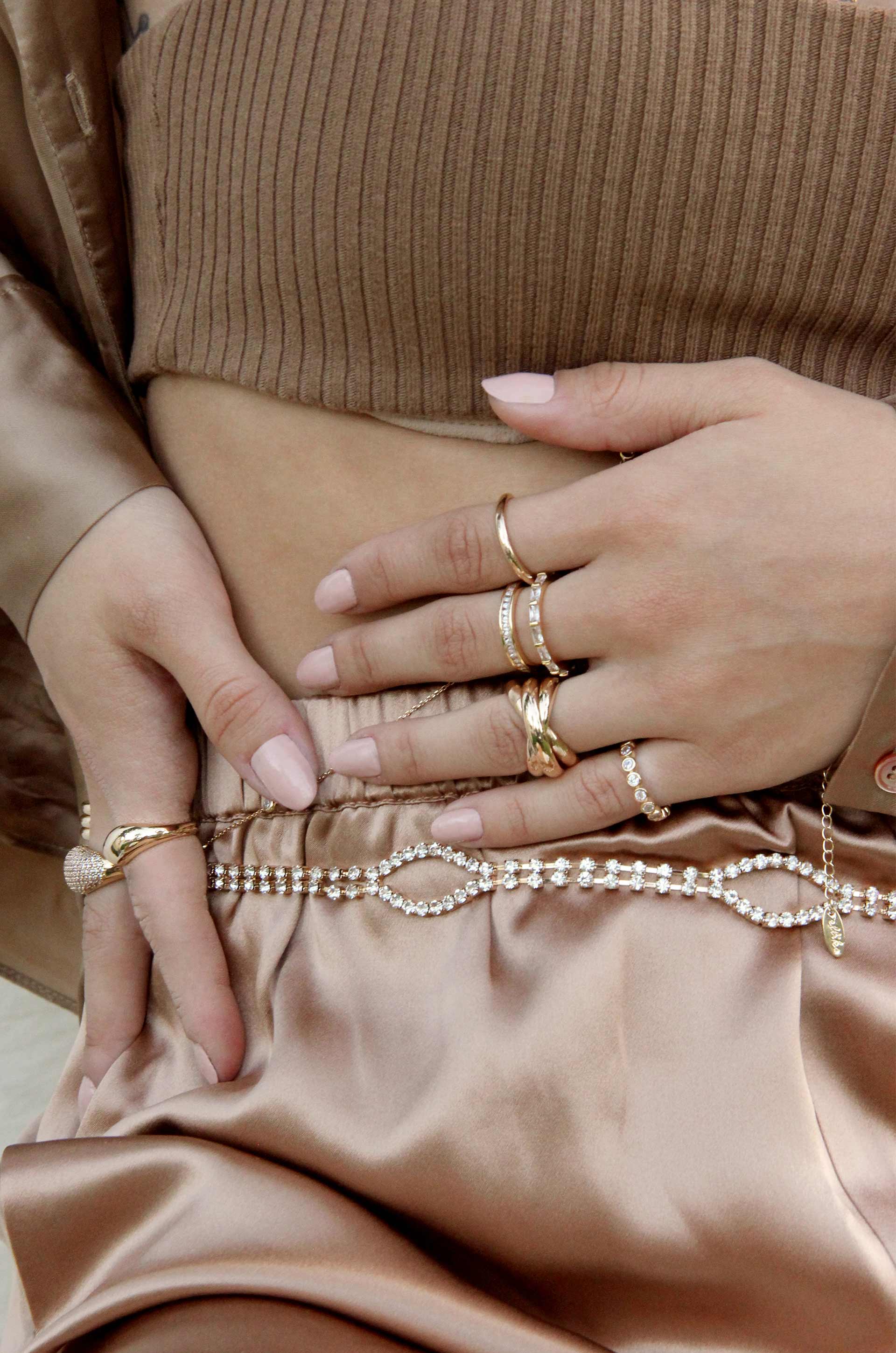 Shine Bright Crystal and Gold Belt shown on a model  