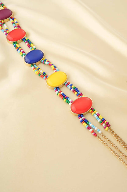 Mixed Rainbow Bead Belt in Gold on satin background