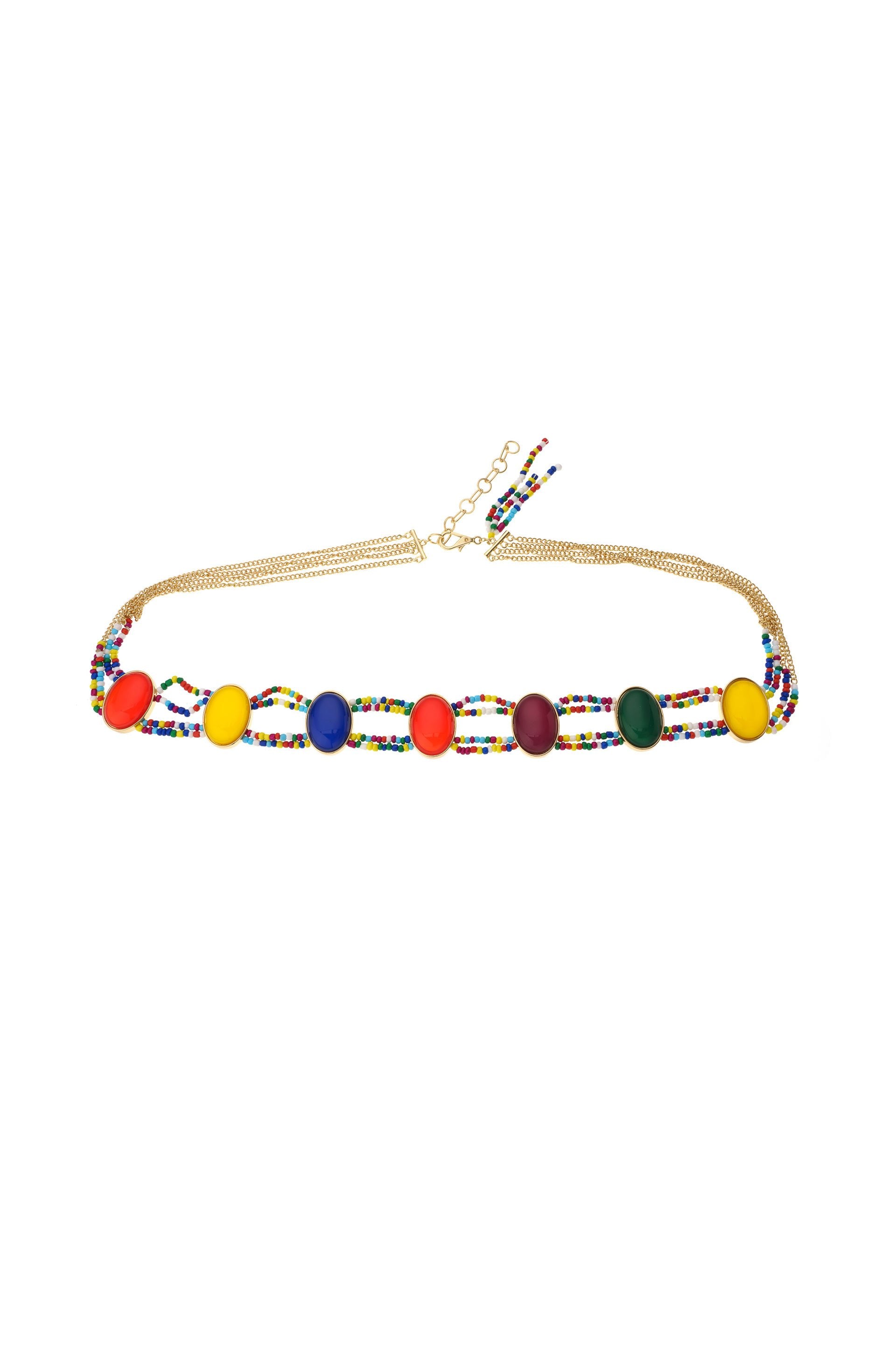 Mixed Rainbow Bead Belt in Gold on white background