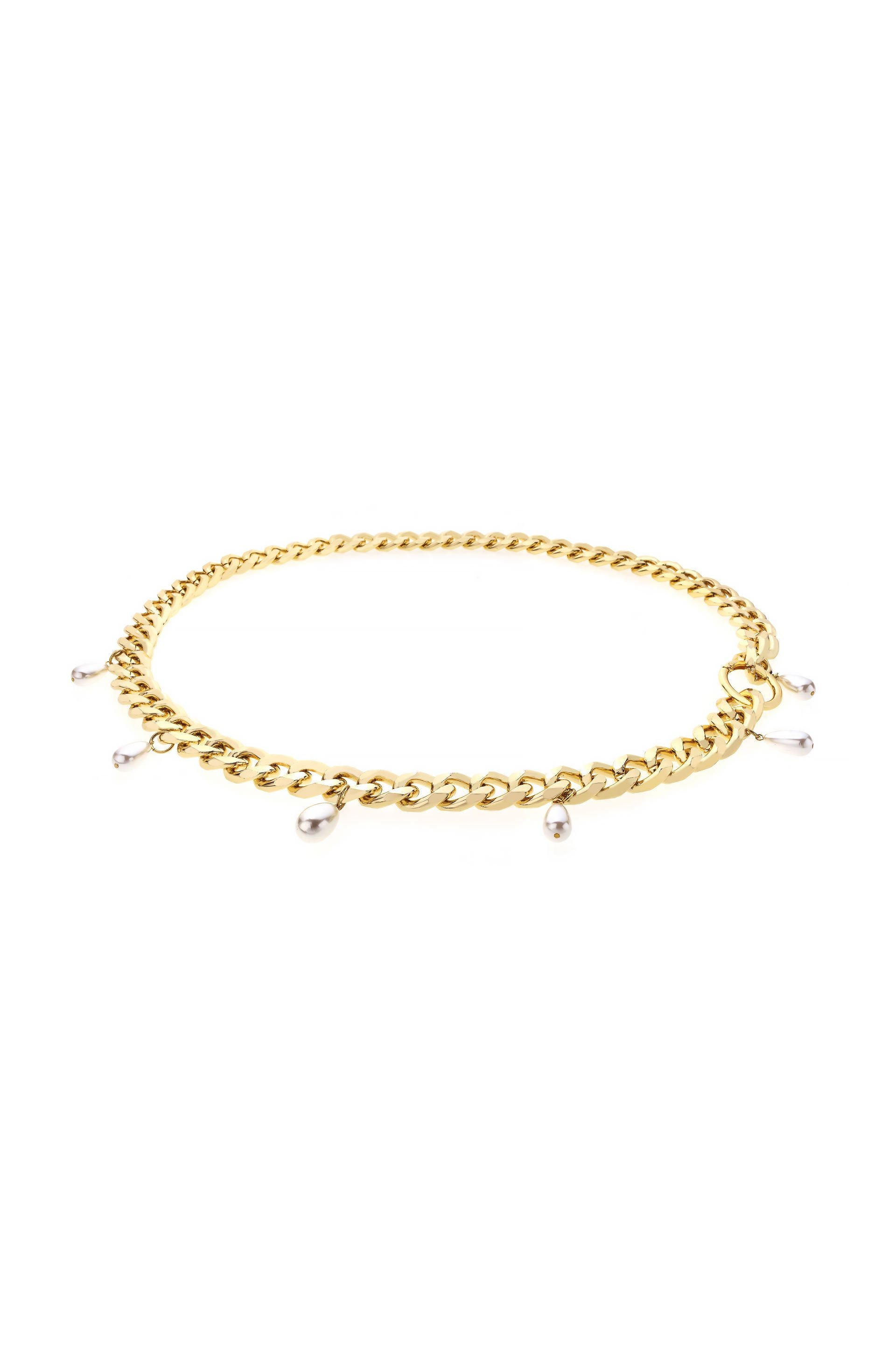 Pearl Dotted Chain Link Belt in Gold on white background