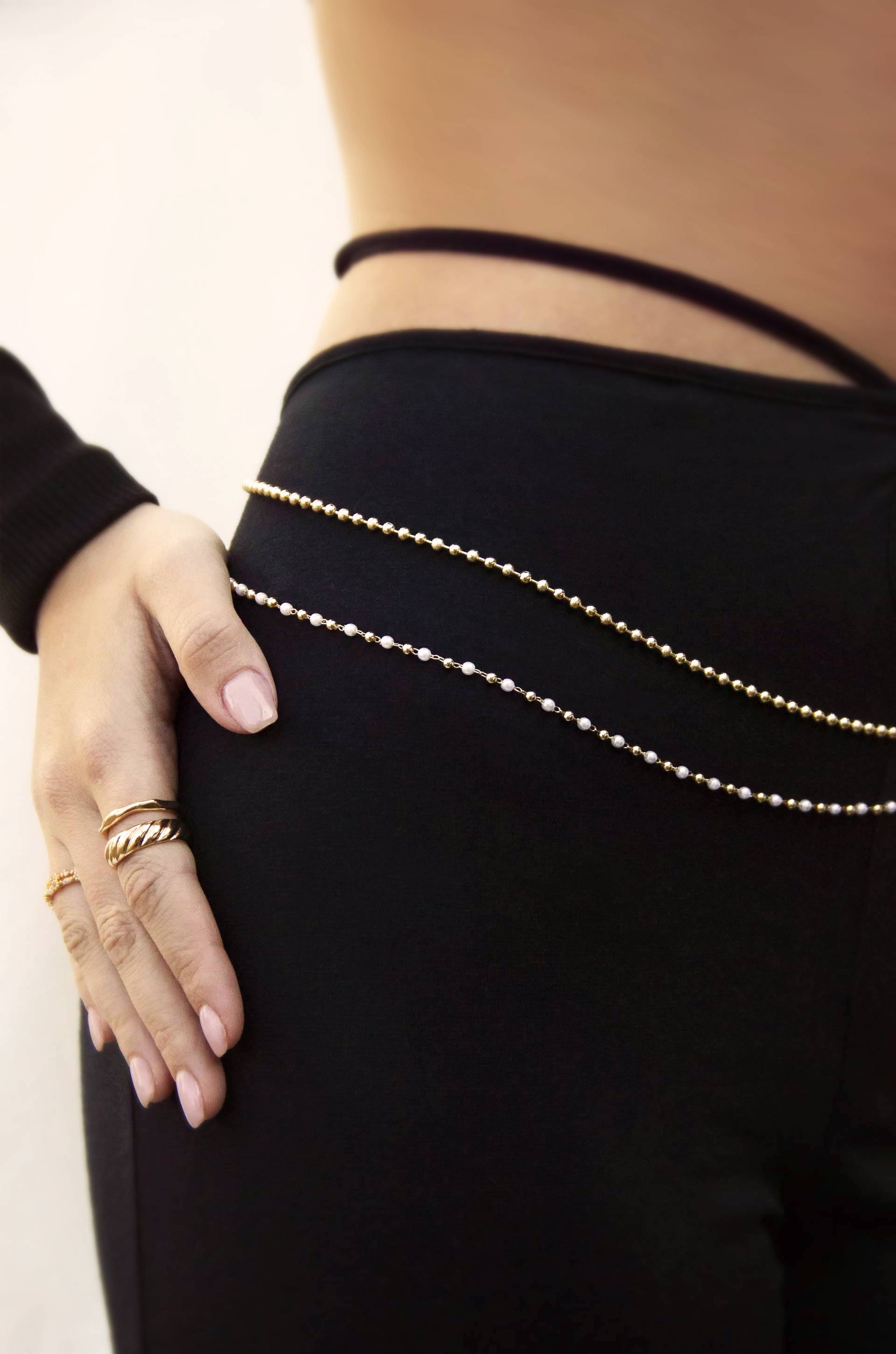 Pearl Strand Gold Body Chain on model