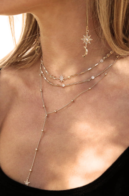 Forever Star Fall 18k Gold Plated Multi-Chain Choker shown on a model  