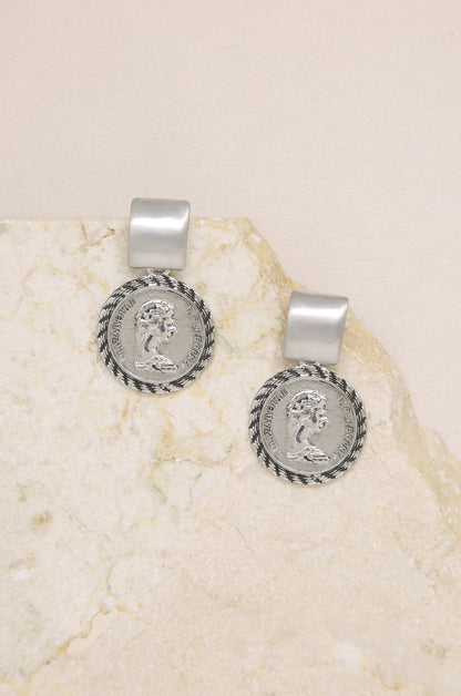 Mini Ancient Coin Earrings on slate background  