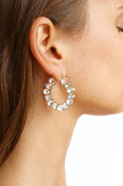 Statement Crystal Hoop 18k Gold Plated Earrings shown on a model  