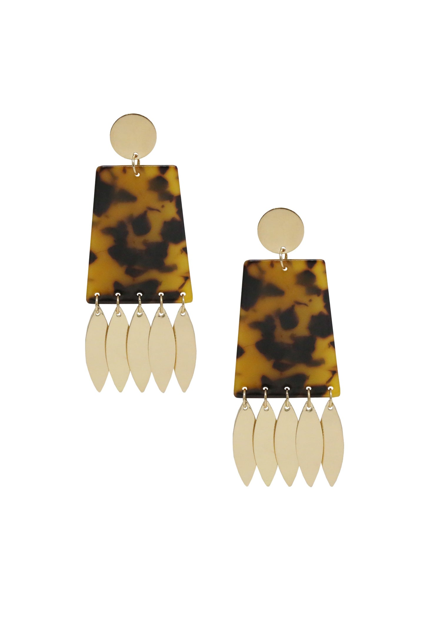 Cowbell Tortoise Resin & 18k Gold Plated Charm Statement Earrings on white background  