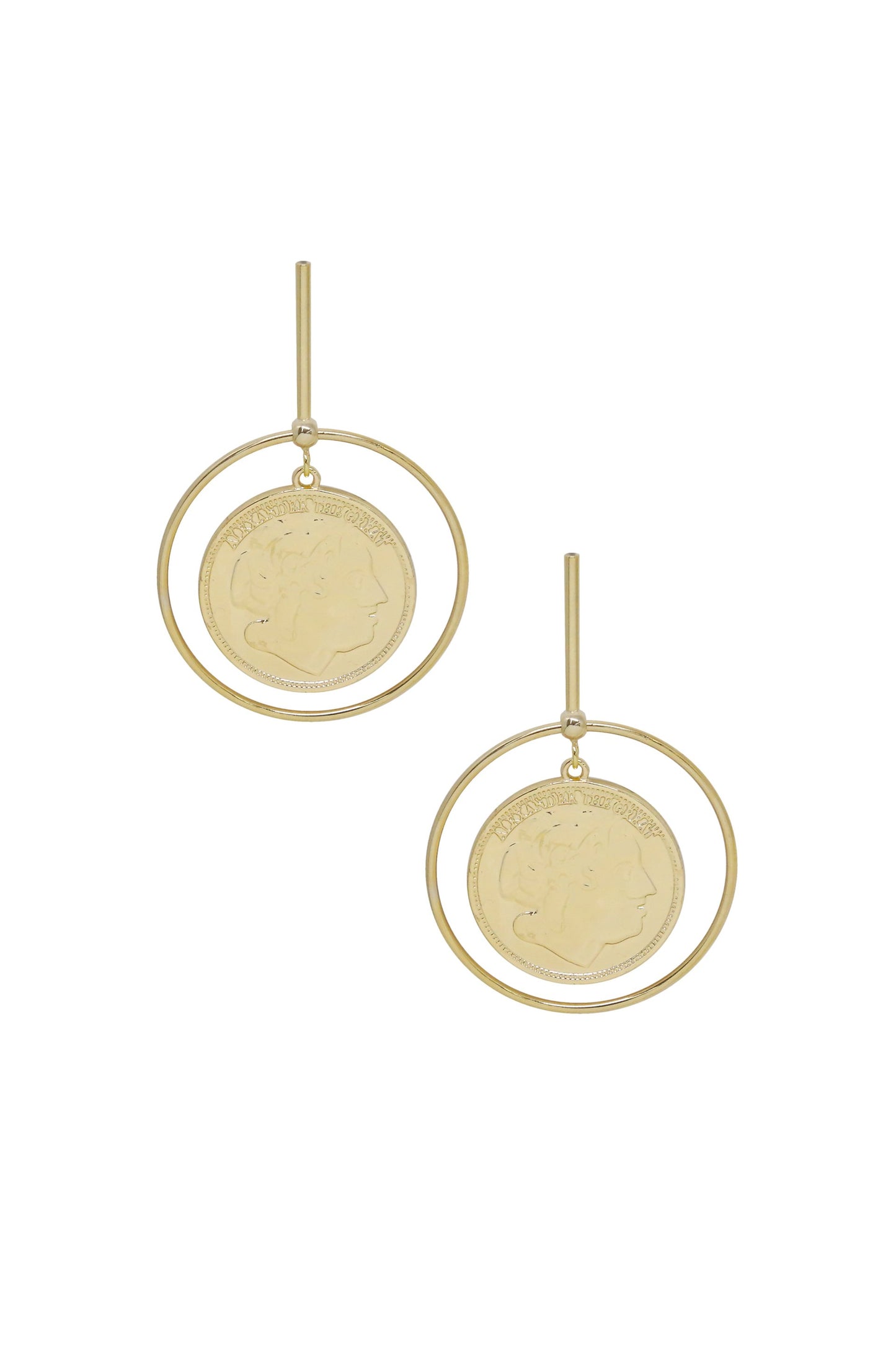 Lady Luck 18k Gold Plated Coin Dangle Statement Earrings on white background  