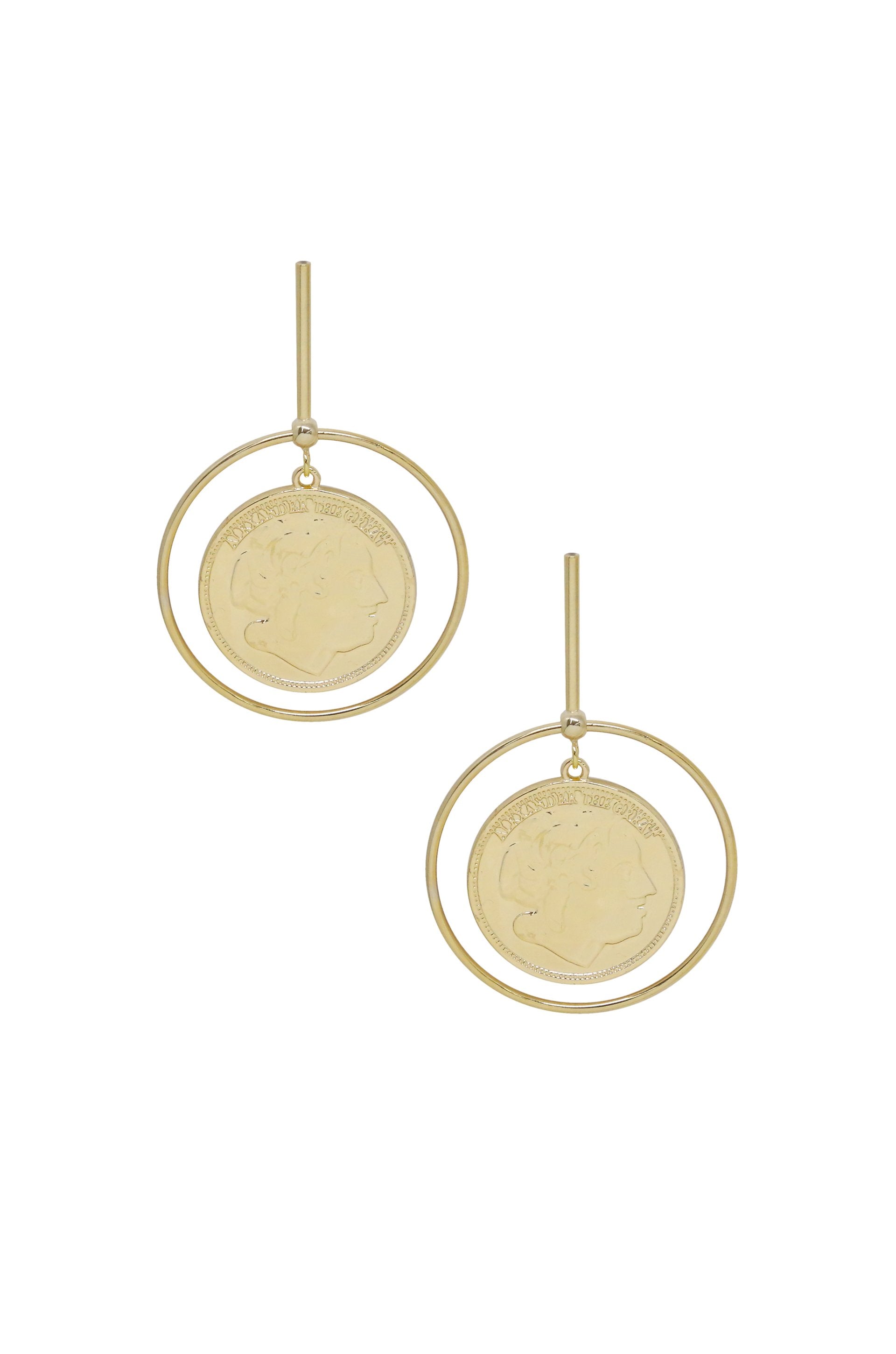 Lady Luck 18k Gold Plated Coin Dangle Statement Earrings on white background  