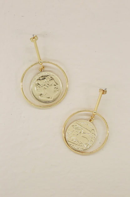 Lady Luck 18k Gold Plated Coin Dangle Statement Earrings on slate background  