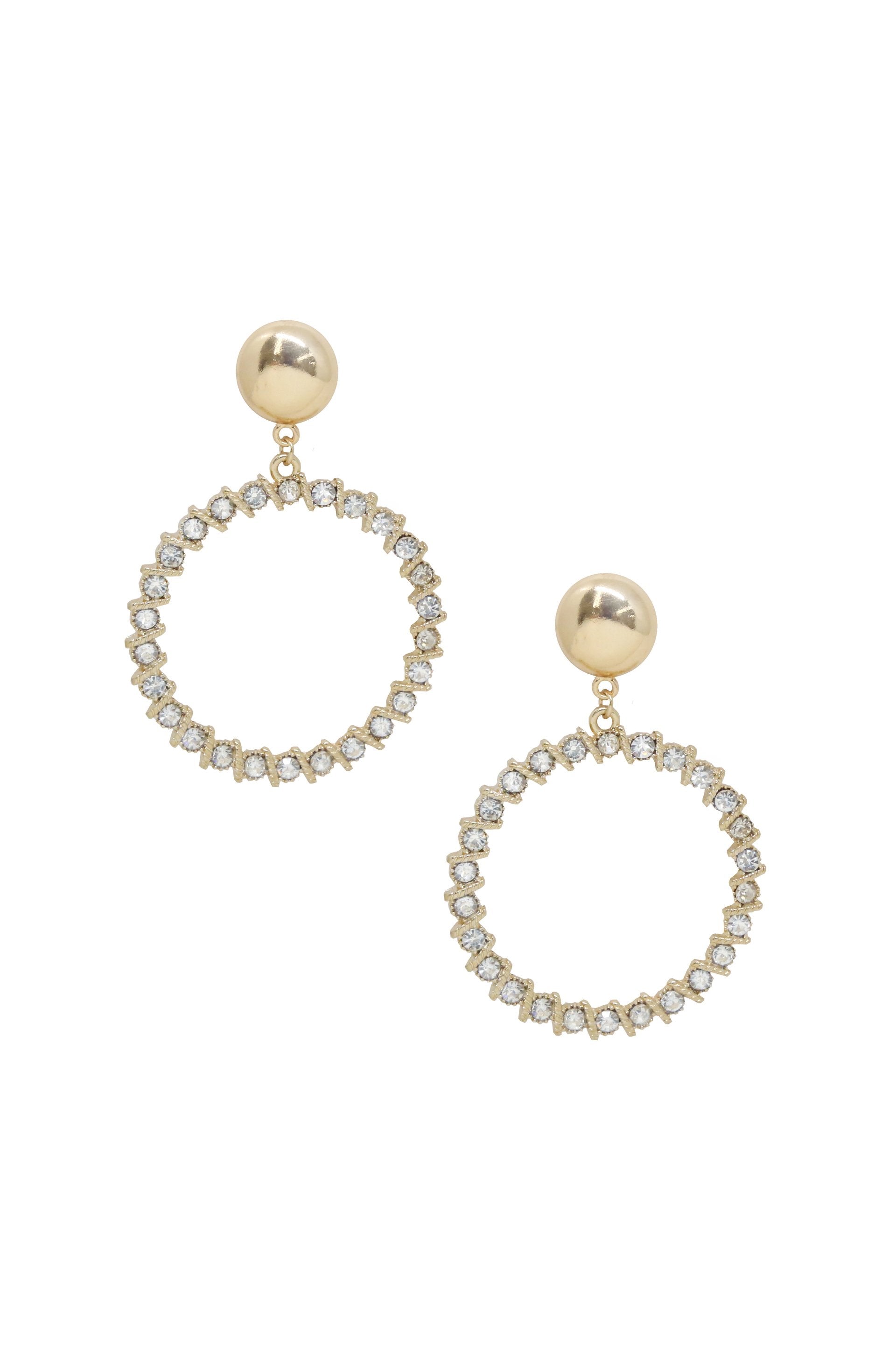 Cyclical Crystal Drop 18k Gold Plated Earrings on white background  