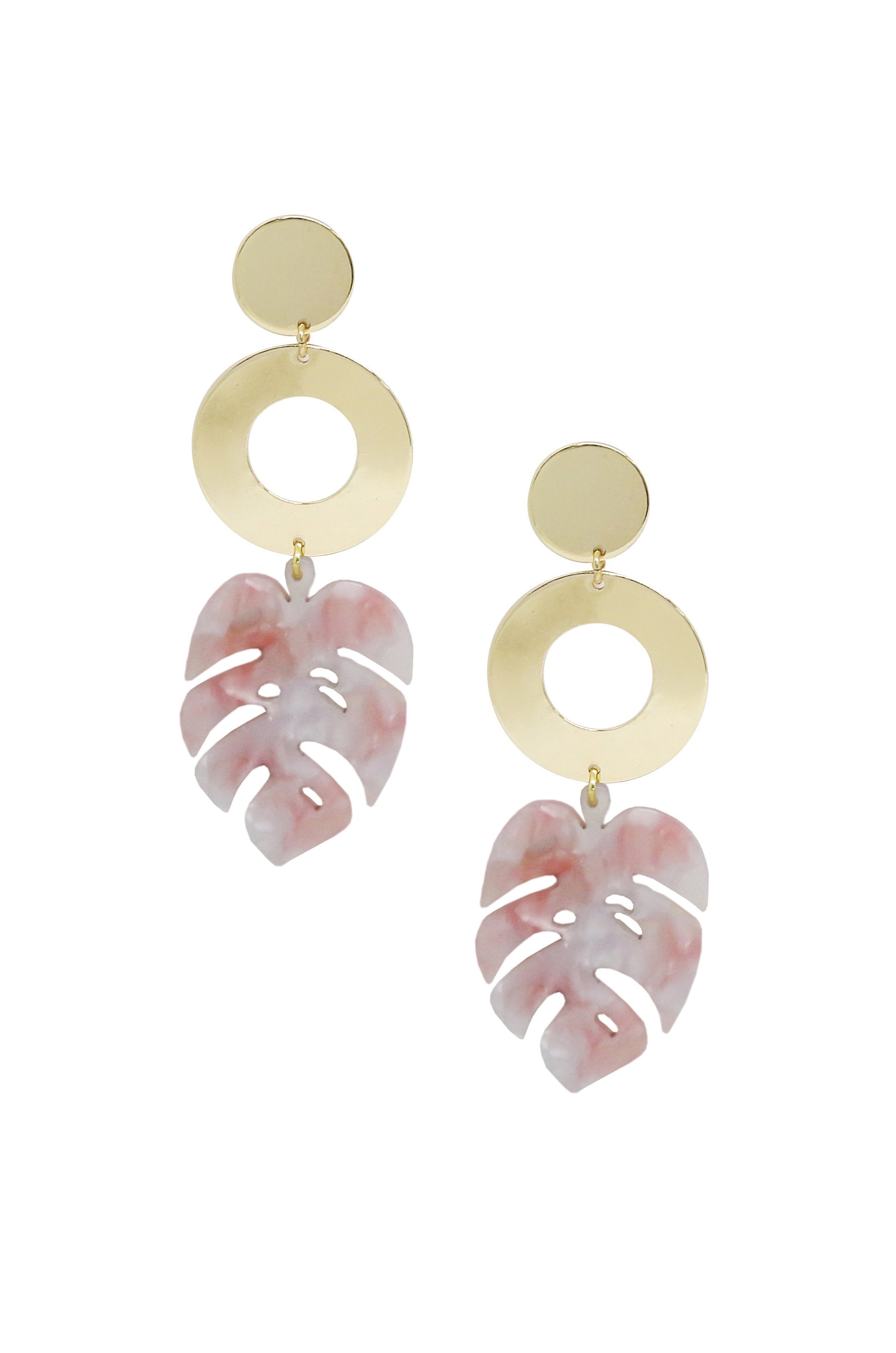 Tropics Blush Pink Resin Palm Leaf & 18k Gold Plated Earrings on white background  