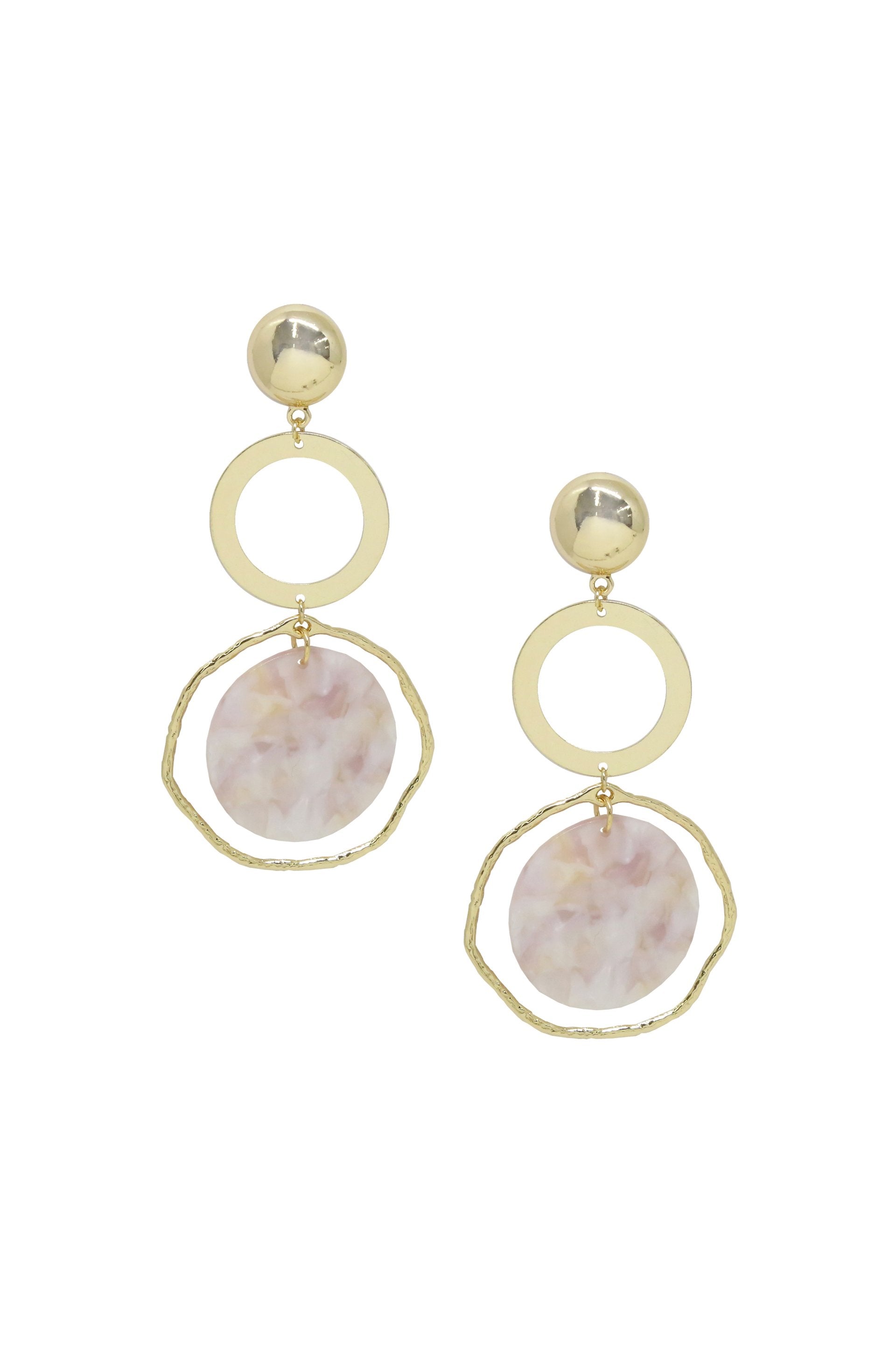 Inspired Blush Resin & 18k Gold Plated Dangle Earrings on white background  