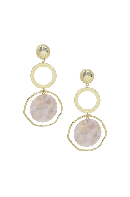 Inspired Blush Resin & 18k Gold Plated Dangle Earrings on white background  