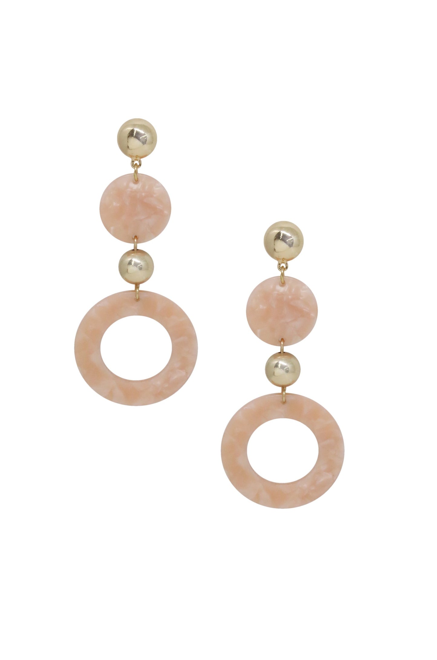 Soft Focus Pink Resin Circle Drop 18k Gold Plated Earrings on white