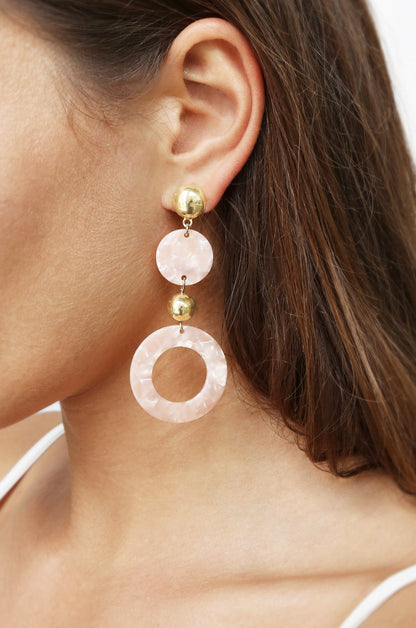 Soft Focus Pink Resin Circle Drop 18k Gold Plated Earrings on model