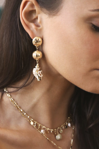 Conch Shell 18k Gold Plated Drop Earrings shown on a model  