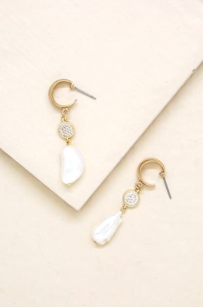 Little Things Freshwater Pearl Drop & 18k Gold Plated Earrings on slate background  