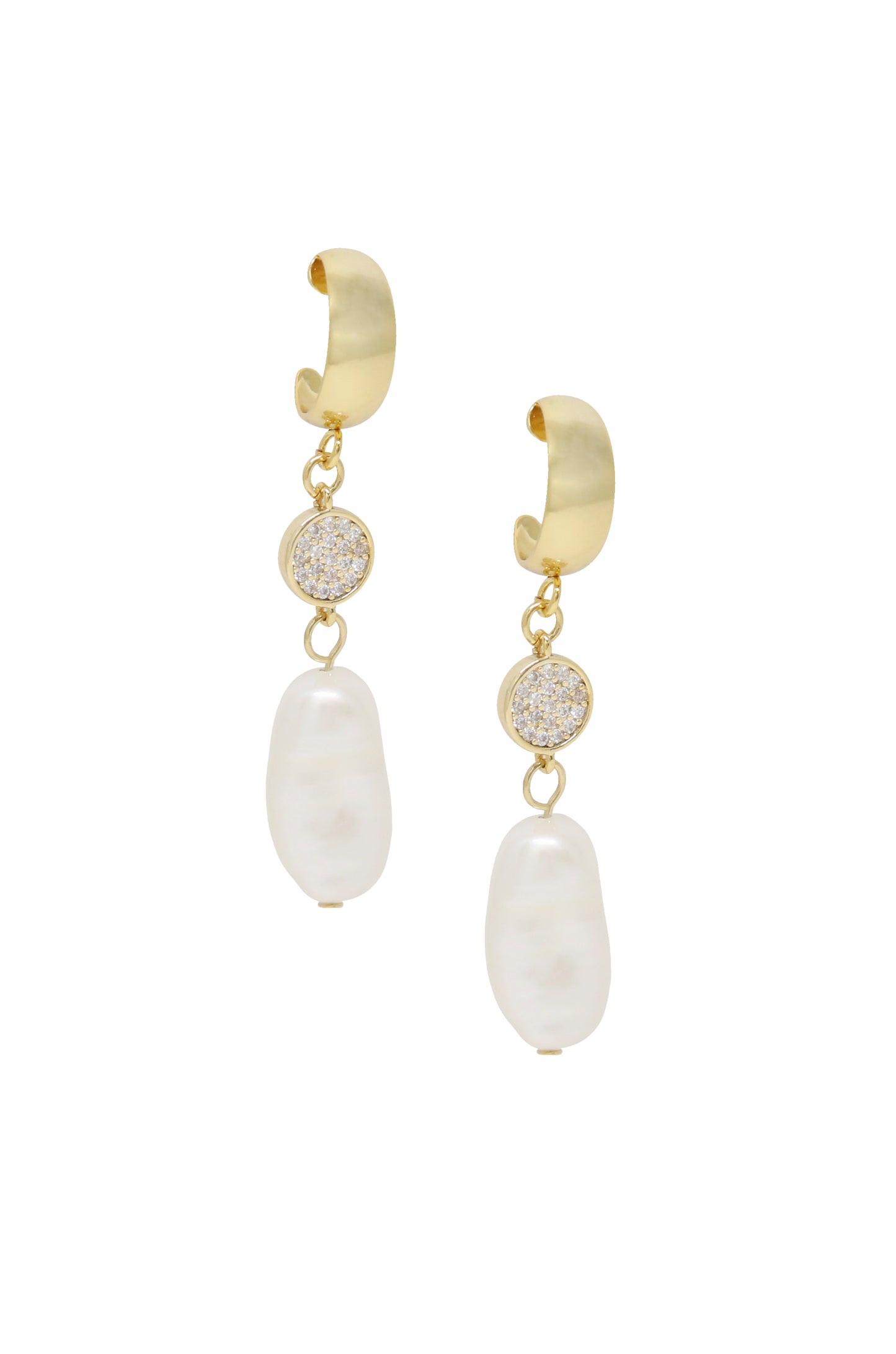 Little Things Freshwater Pearl Drop & 18k Gold Plated Earrings on white background  