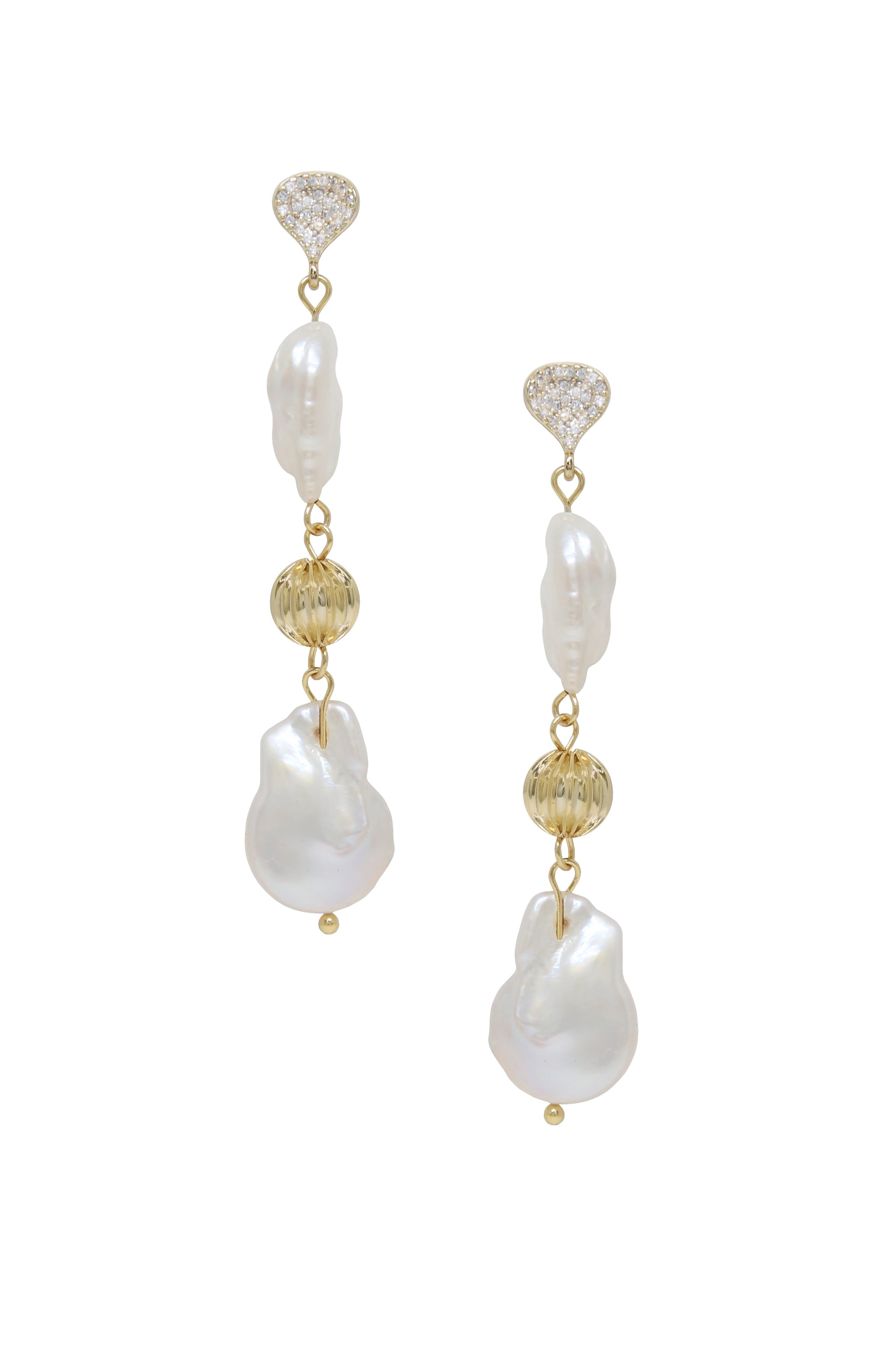 Freshwater Pearl Double Drop 18k Gold Plated Earrings on white background  