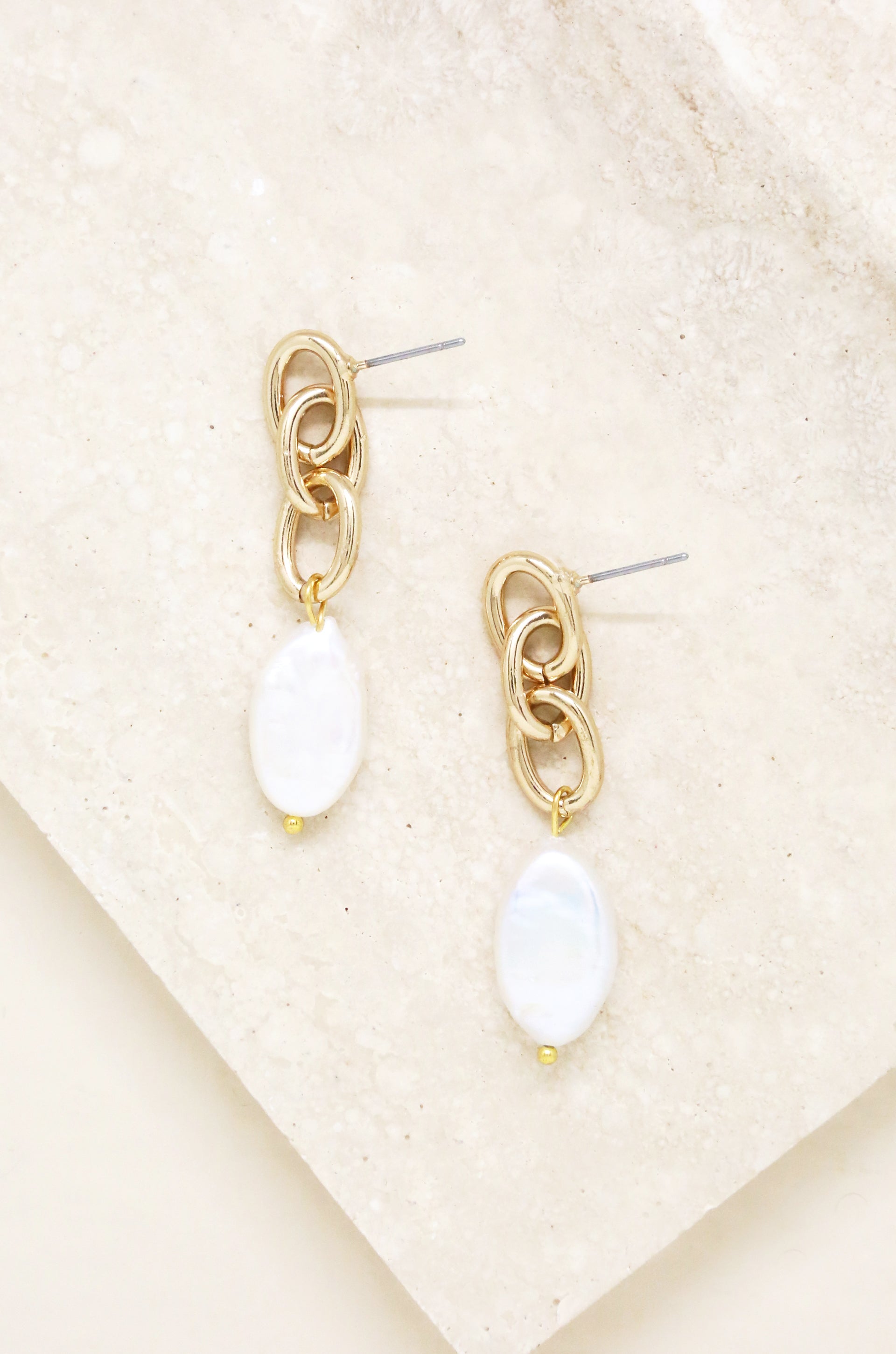 Freshwater Pearl Drop & 18k Gold Plated Chain Earrings on slate background  