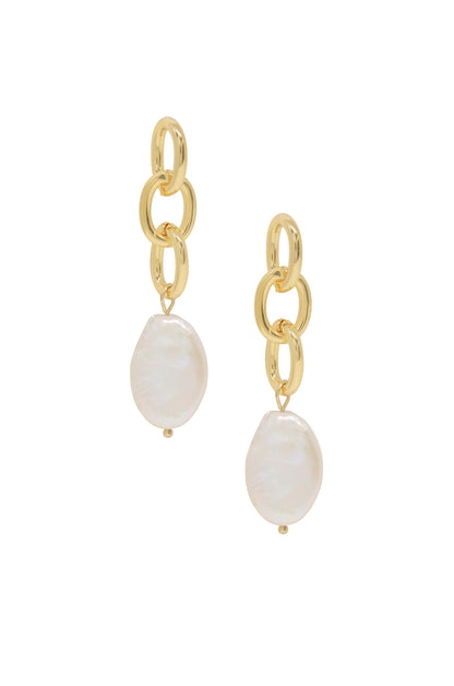 Freshwater Pearl Drop & 18k Gold Plated Chain Earrings on white background  