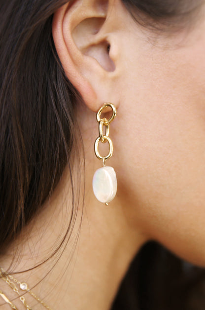 Freshwater Pearl Drop & 18k Gold Plated Chain Earrings shown on a model  