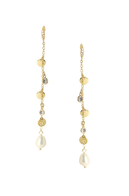 Delicate Dangle Freshwater Pearl 18k Gold Plated Earrings on white background  