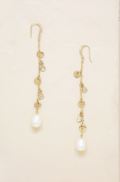 Delicate Dangle Freshwater Pearl 18k Gold Plated Earrings on slate background  