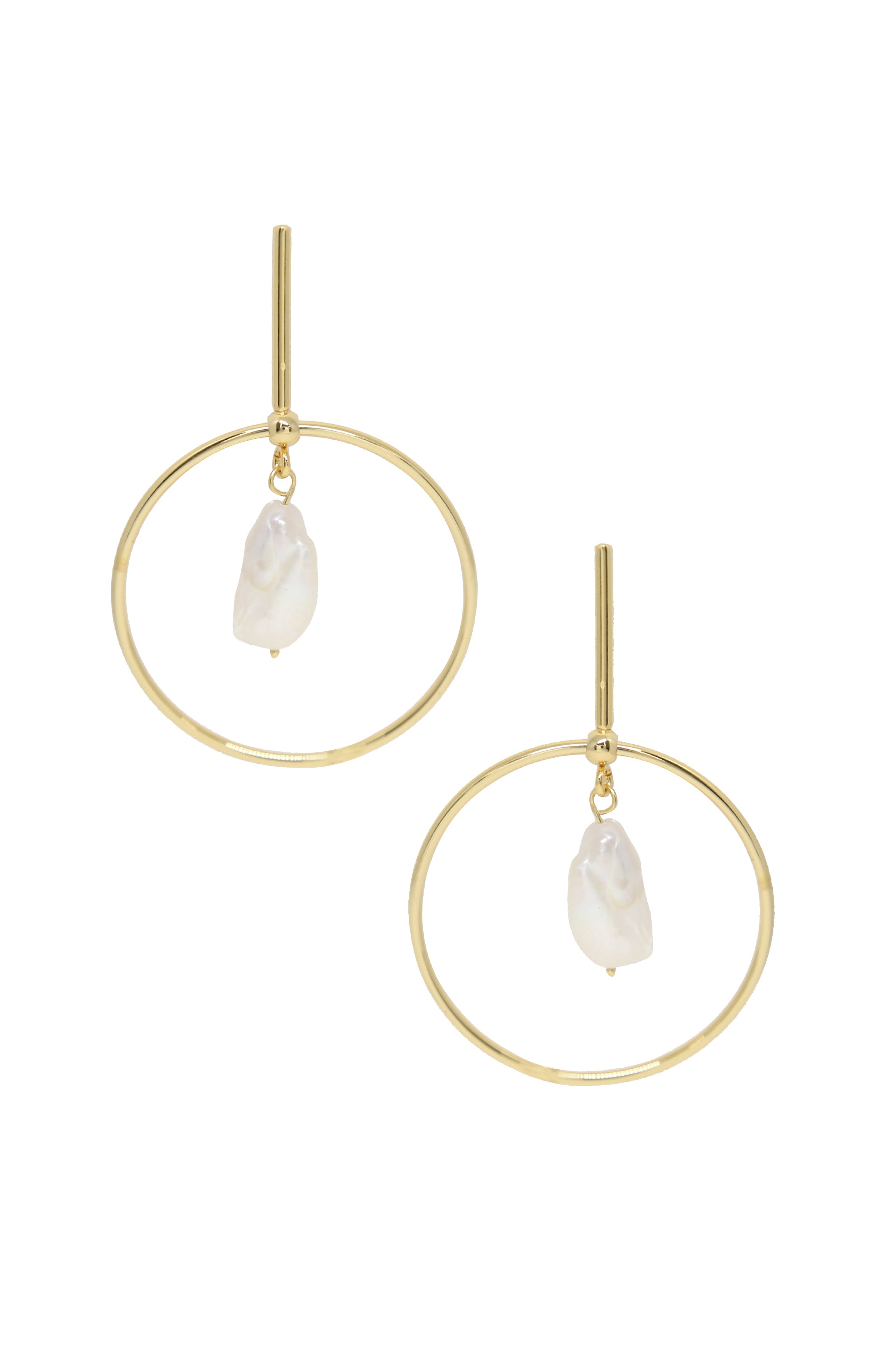 Modern 18k Gold Plated & Freshwater Pearl Drop Hoop Earrings on white background  