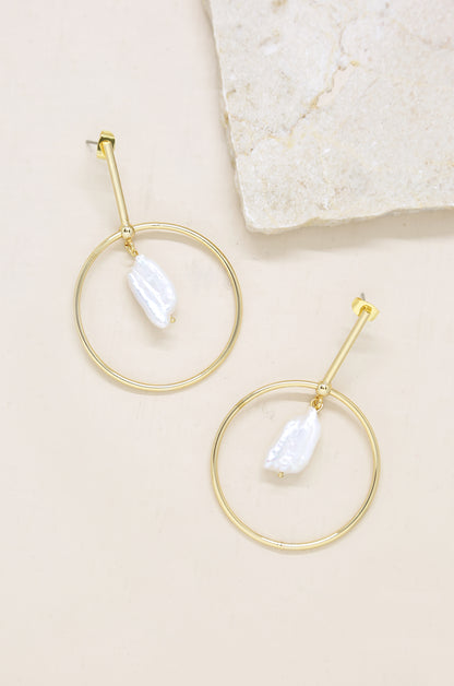 Modern 18k Gold Plated & Freshwater Pearl Drop Hoop Earrings on slate background  