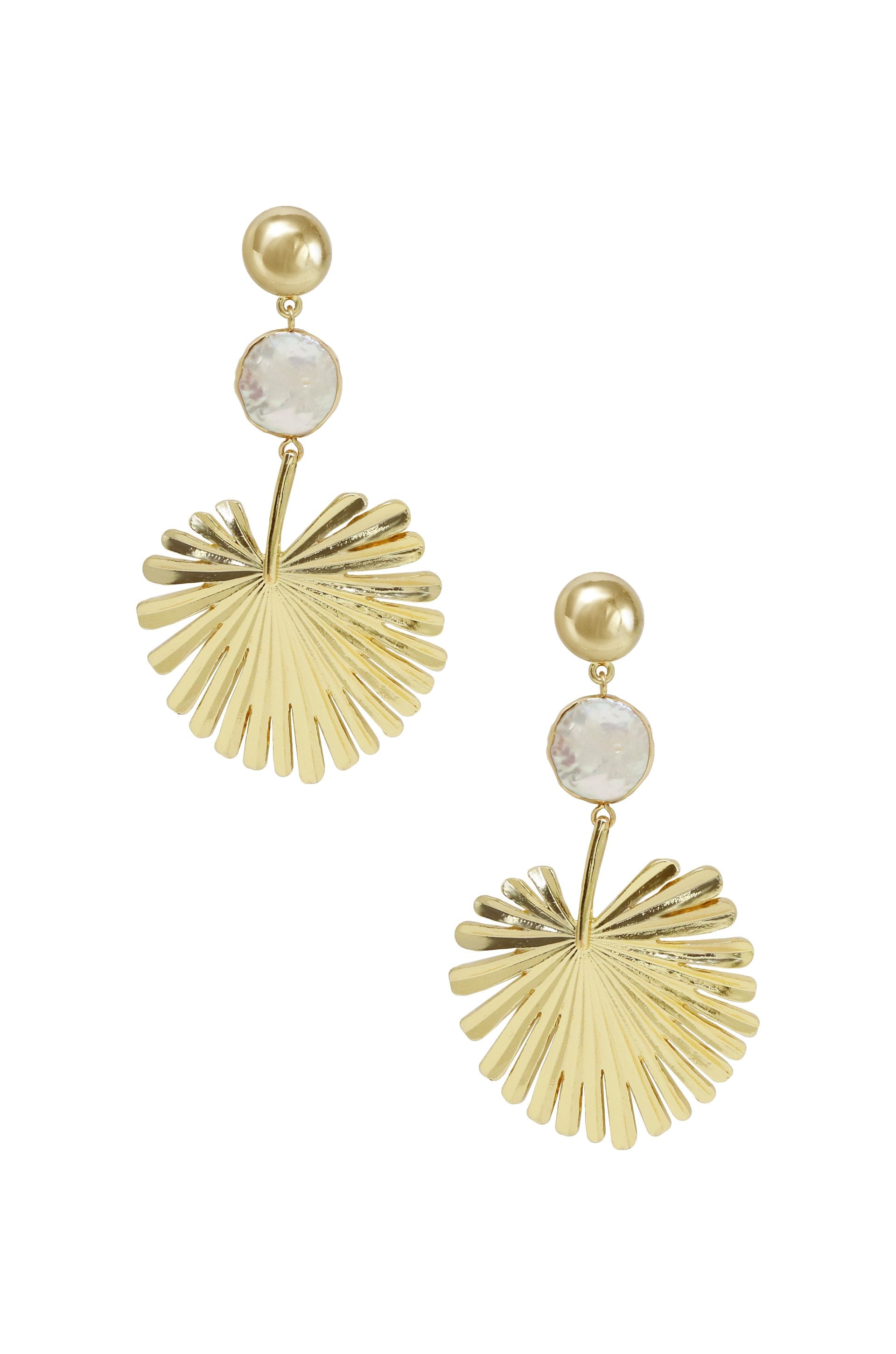 Palm Leaf Earring with Pearl in Gold on white background  