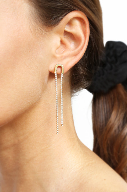 Double Crystal Chain Drop 18k Gold Plated Earrings shown on a model  
