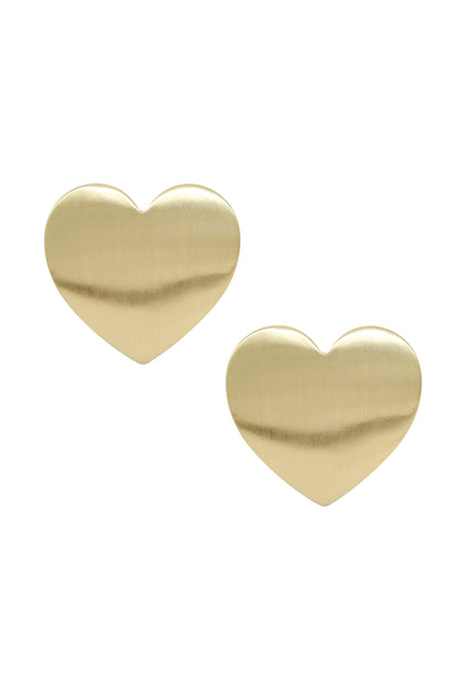 Flat Heart Statement 18k Gold Plated Stud Earrings on white background  
