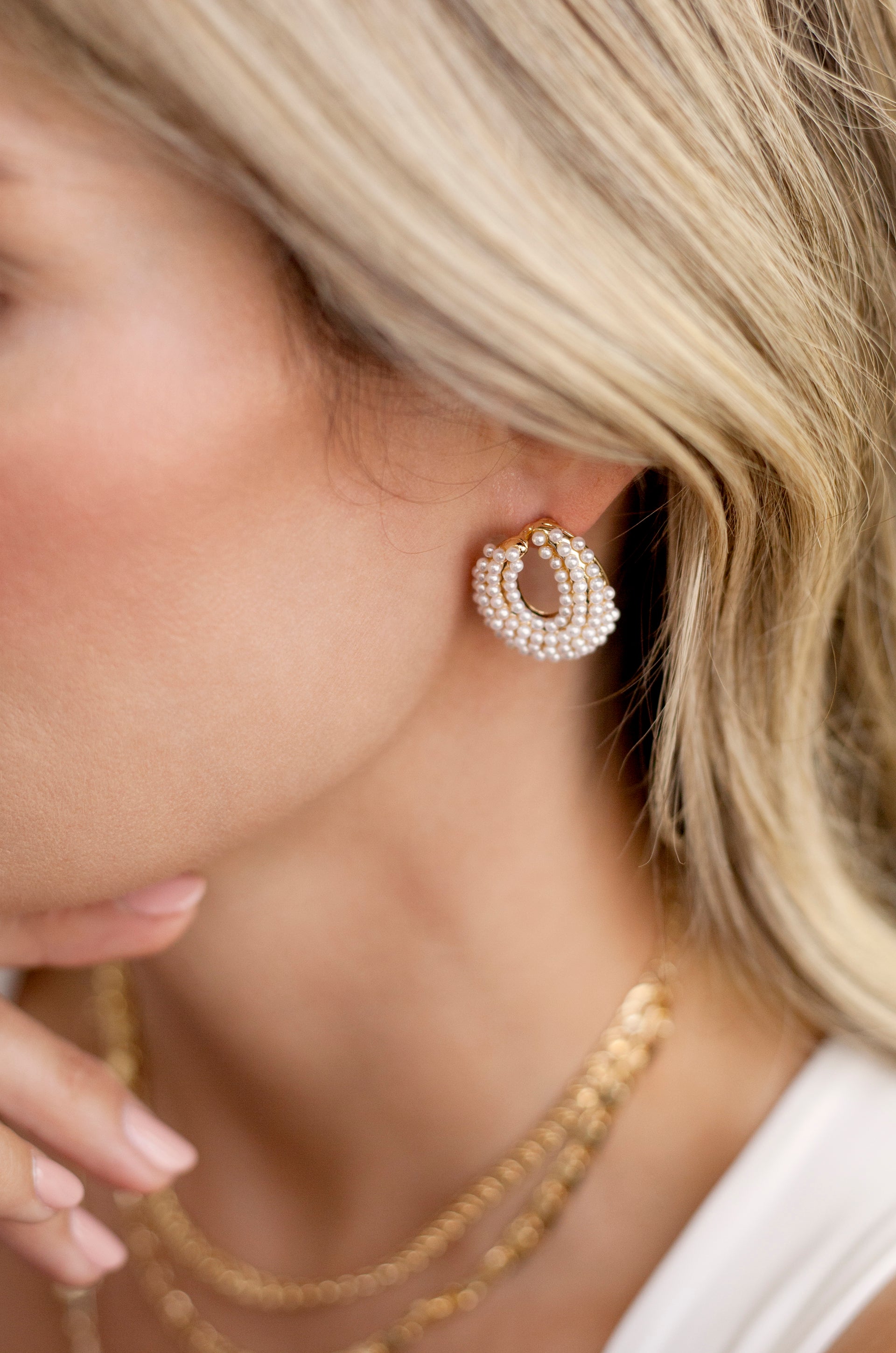 Classic Pearl Cluster Stud Earrings on model