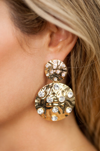 Double Crystal Studded Disc 18k Gold Plated Earrings shown on a model  