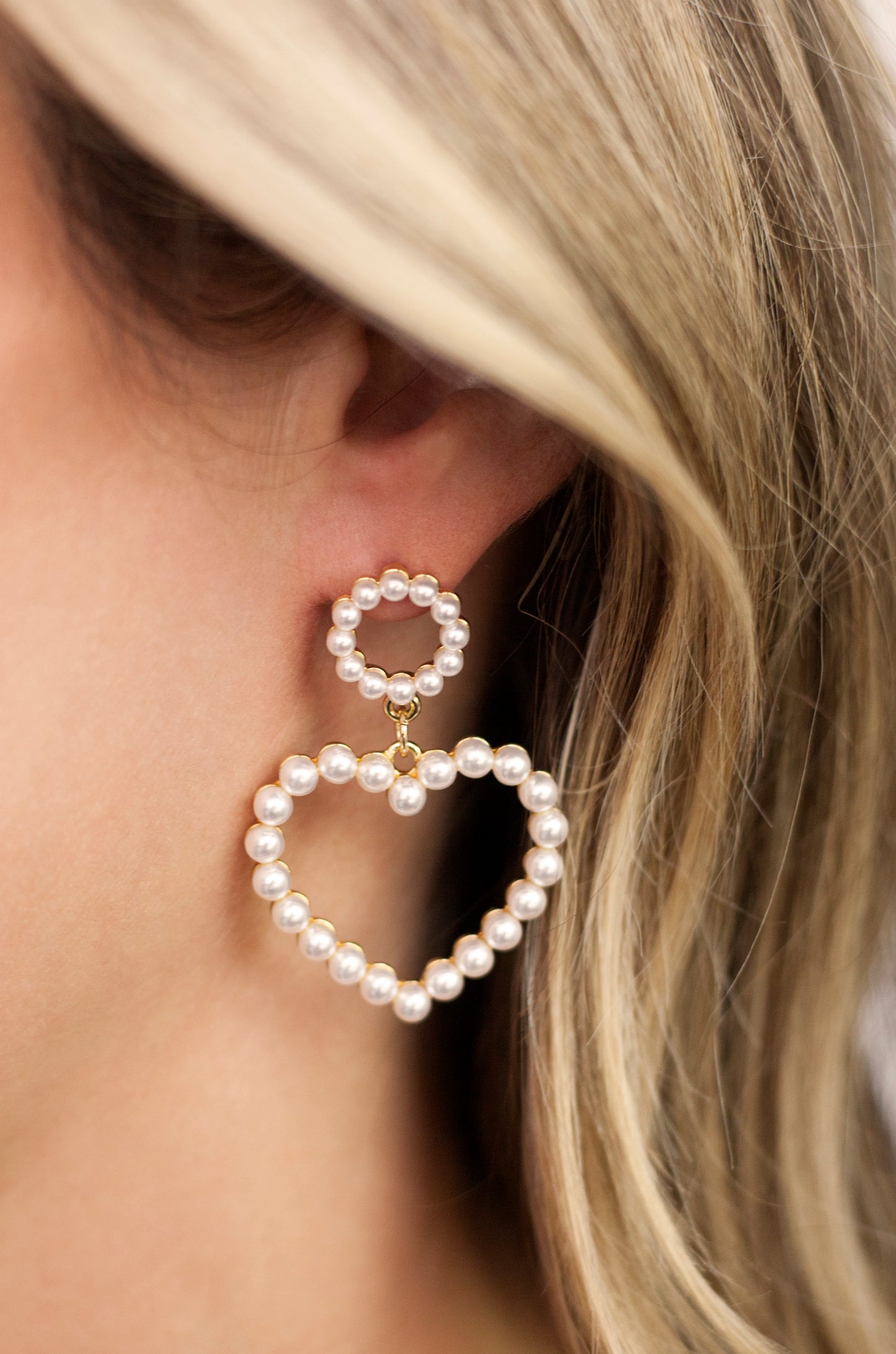 Loving Pearl Heart & 18k Gold Plated Earrings shown on model  
