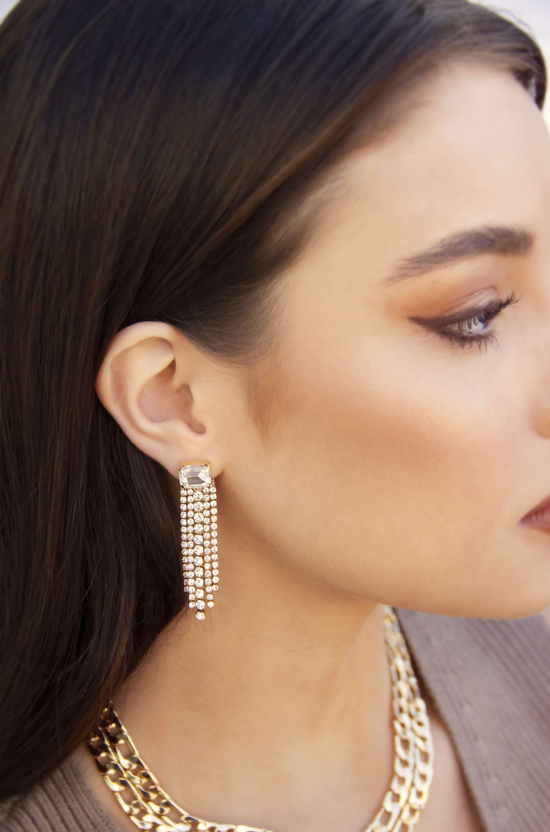 Formal Crystal Fringe Drop Earrings on model