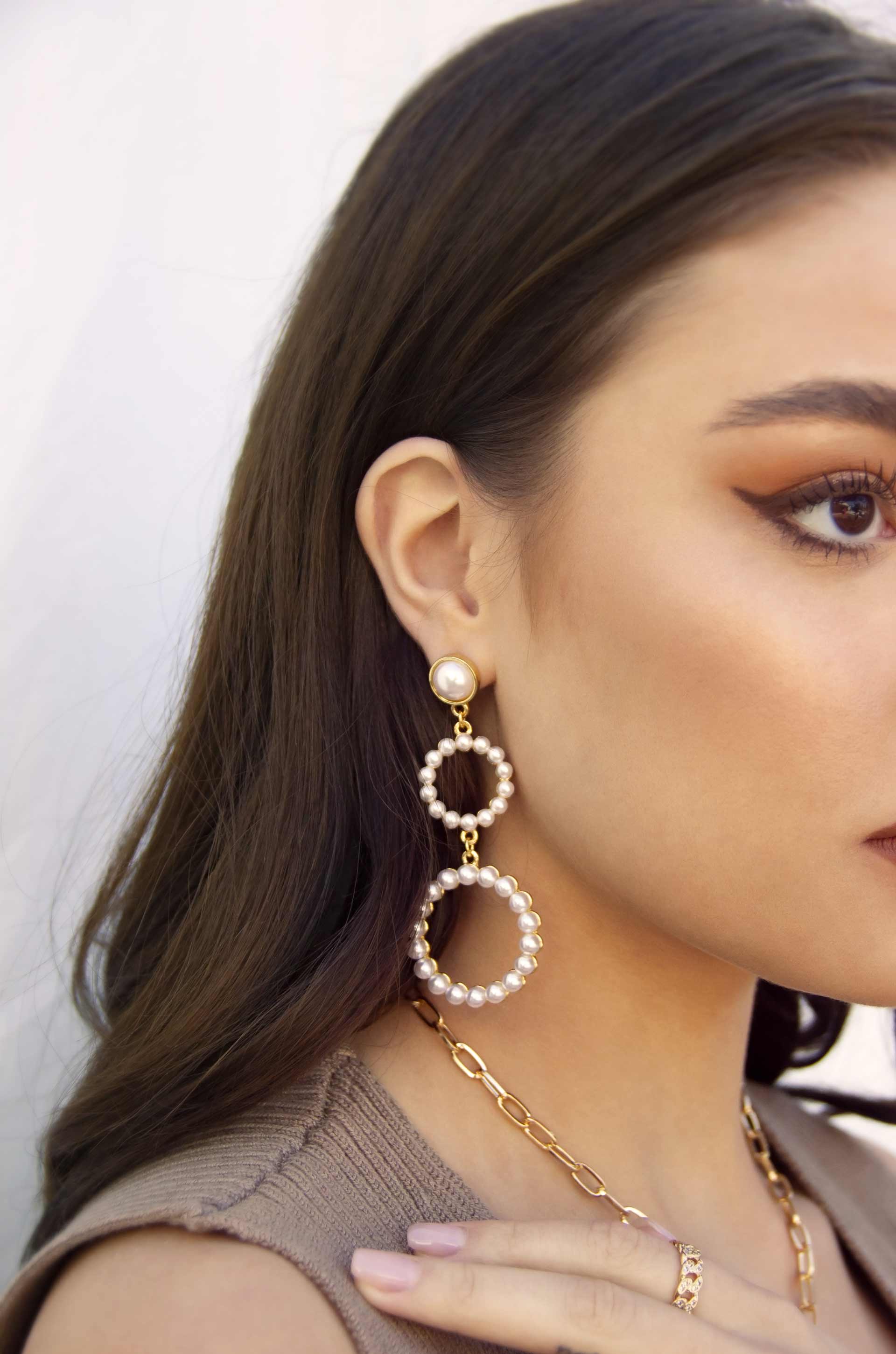 Night Out Double Pearl Hoop Drop Earrings on model