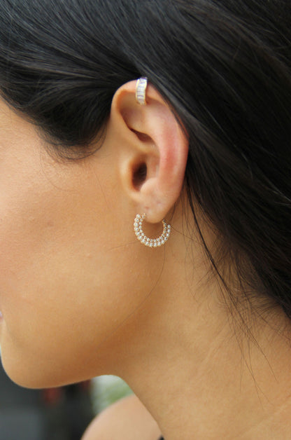 Forever Shine Crystal 18k Gold Plated Mini Hoop Earrings shown on a model  