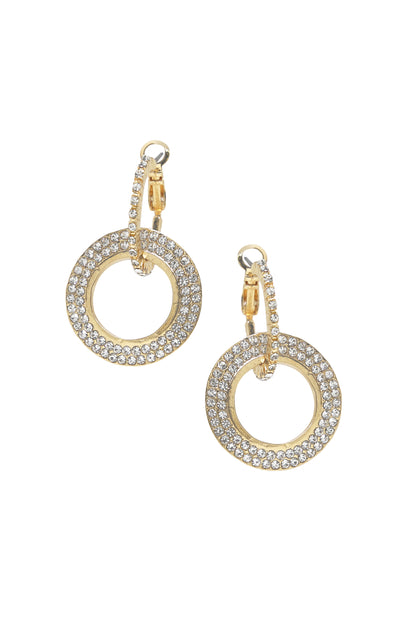 Double Drop Crystal 18k Gold Plated Hoop Earrings on white background  