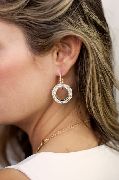 Double Drop Crystal 18k Gold Plated Hoop Earrings shown on a model  
