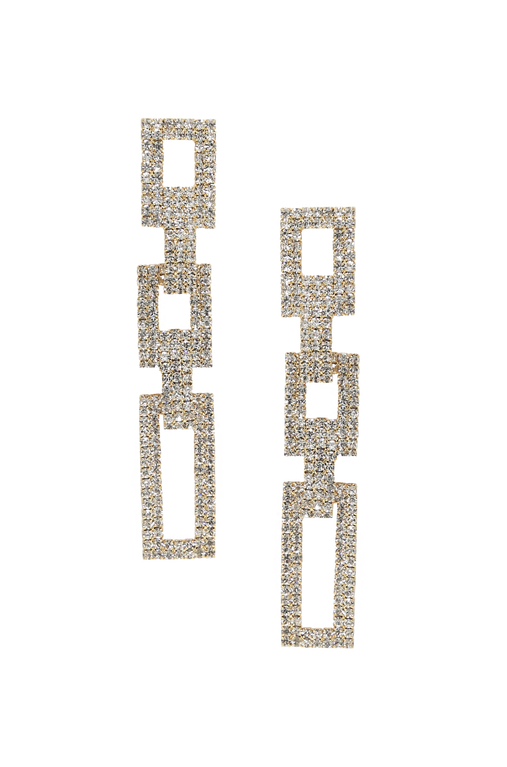 Crystal Rectangle Chain Link 18k Gold Plated Earrings on white background  