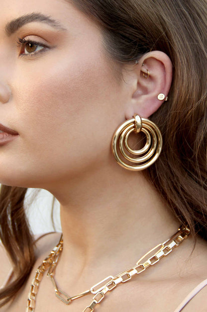 Layered Multi-Ring 18k Gold Plated Earrings shown on a model  
