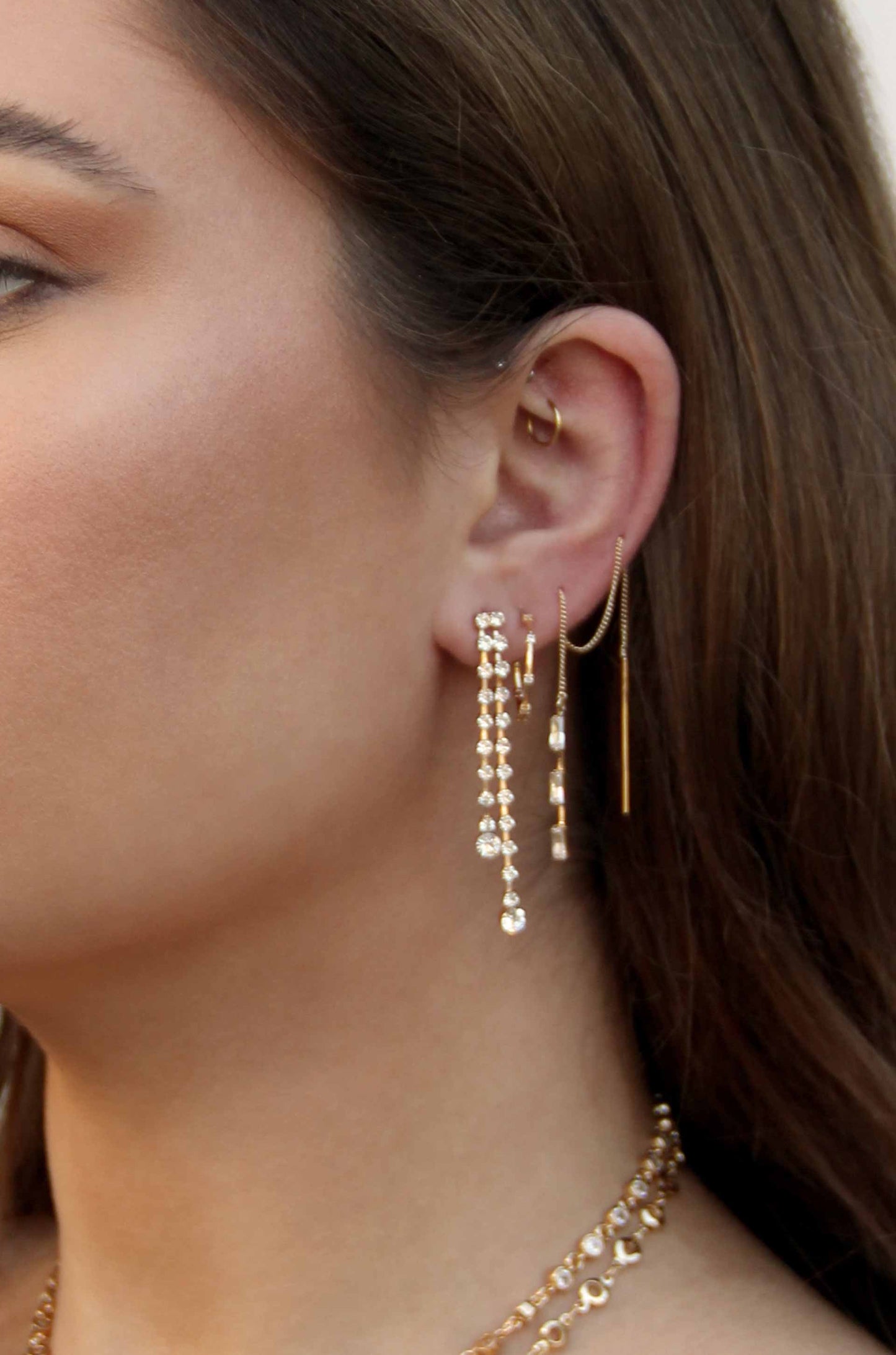 Crystal Baguette Threader Earrings in clear on model