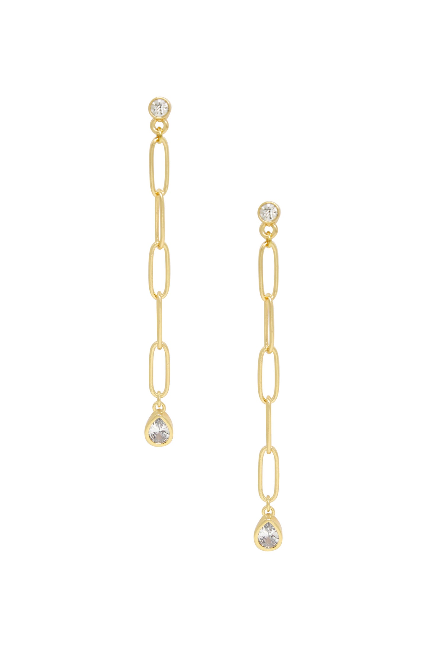 Chain Link Crystal 18k Gold Plated Dangle Earrings on white background  