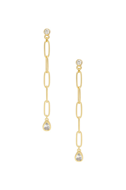 Chain Link Crystal 18k Gold Plated Dangle Earrings on white background  