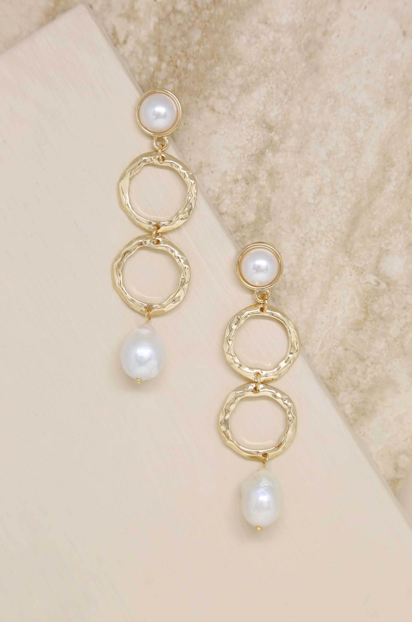 Textured Pearl Drop 18k Gold Plated Earrings on slate background  