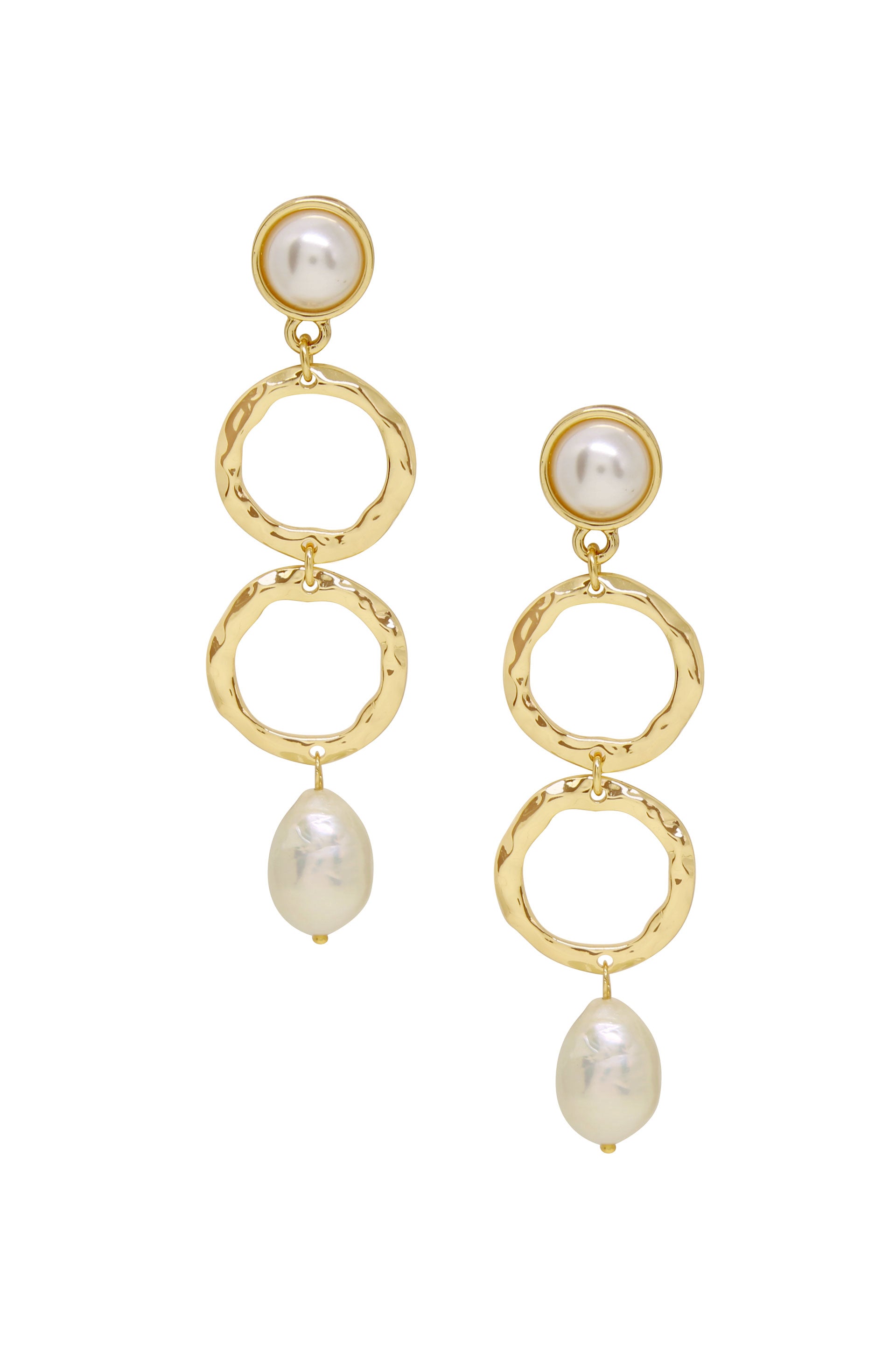Textured Pearl Drop 18k Gold Plated Earrings on white background  
